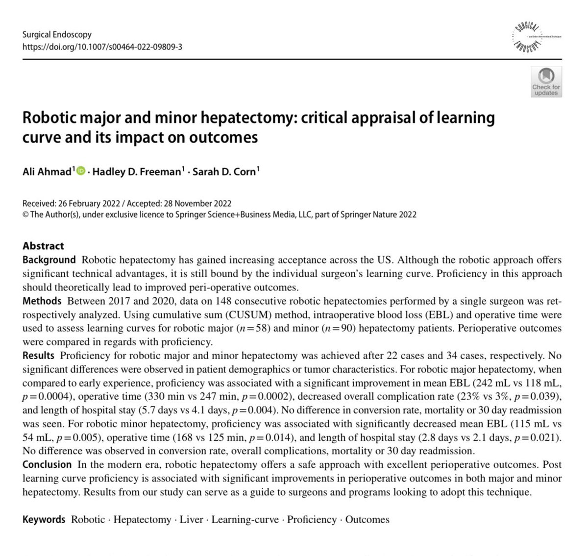 AliAhmadHPB's tweet photo. Robotic hepatectomy. Proud to share our experience and the importance of learning curve. Proficiency=better outcomes for both major and minor hepatectomy. https://t.co/bKhSzwjDd0 https://t.co/41btDjkw9s