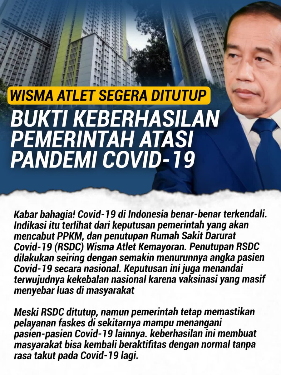 Yeee #WismaAtlet segera ditutup loh guys, ini bukti Jokowi Sukses Atasi Covid 19 👍👍