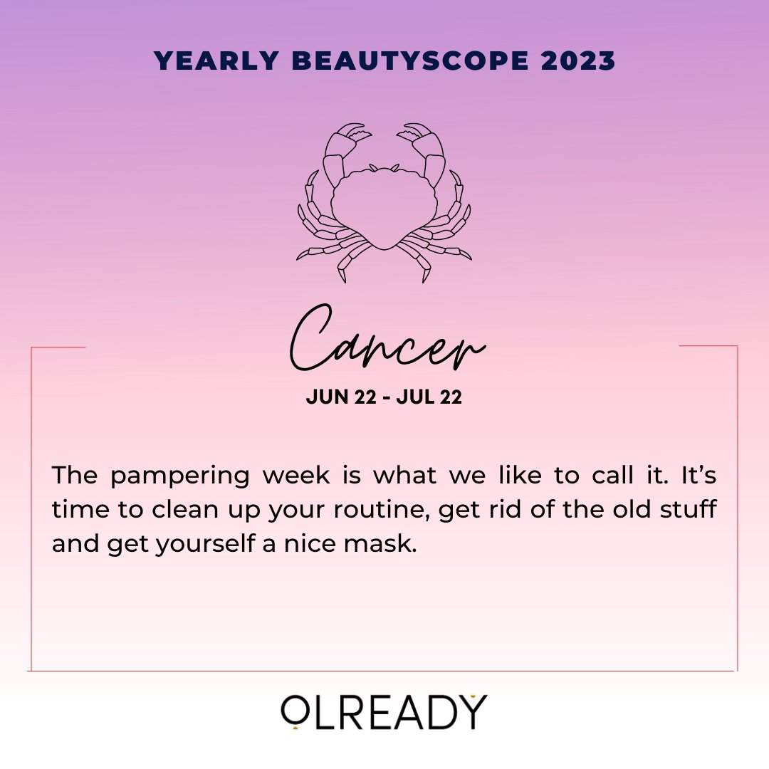 Yearly Beautyscope 2023 😍 Some predictions 

Cancer : The pampering week is what we like to call it. It’s time to clean up your routine, get rid of the old stuff and get yourself a nice mask. you feel rested and at peace.

#beautyscope #yearlypredictions #predictions2023