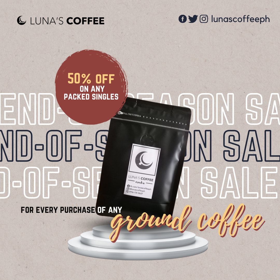 lunascoffeeph's tweet photo. We know you've been nice this year, which is why we are having our first after-Christmas #sale!

Get 50% off any single-drip coffee for every purchase of our 250-gram pack of ground #coffee! Try these amazing flavors:
☕️ Barako
☕️ Double choco (best seller)
☕️ Hazelnut
☕️ Mocha https://t.co/4P9T8db6hy