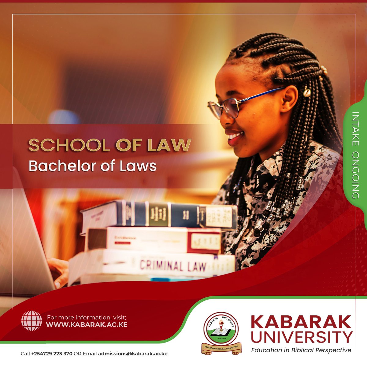 KabarakUniv's tweet photo. BACHELOR OF LAWS
Kabarak University invites applications for January and May 2023. Intake is Ongoing.
DETAILS: https://t.co/S4CCDSWkP1
ADMISSION CRITERIA: https://t.co/X1T8QU9srO
HOW TO APPLY: https://t.co/uOU3tnxWz5
#KABU #2023intake #AcademicProgrammes #SchoolofLaw https://t.co/uU52Bh6PJ2