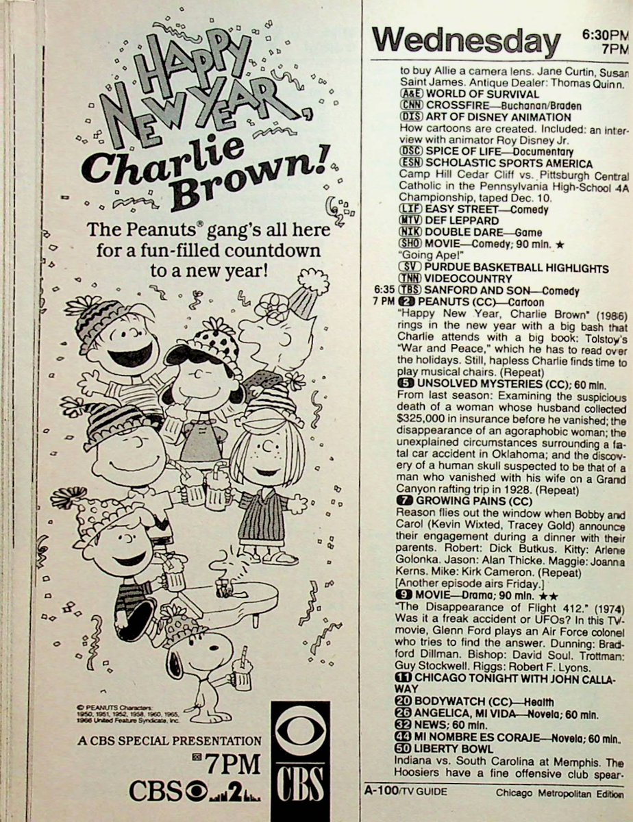 PonchRama's tweet photo. Dec 28 '88 - "Happy New Year, Charlie Brown"  focuses on Charlie Brown putting off a book report on "War &amp; Peace." What kind of elementary school assigns that to their kids? Features Chad Allen as Charlie Brown &amp; "Growing Pains" Jeremy Miller #TVGuide #OTD #1980sTV #1980s https://t.co/RaJVGQtIpo