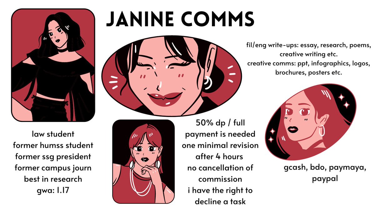 j9comms's tweet photo. ✿ greetings, janine here! i am a fomer ssg president, campus journ, and a president's lister. i offer rush &amp; non-rush acad comms: essays, research paper, creative writing, infographics and others!

check #j9proofs for proofs ◇ dm us

t. lf commissioner academic comms lf clients https://t.co/HihwnEf8Qs
