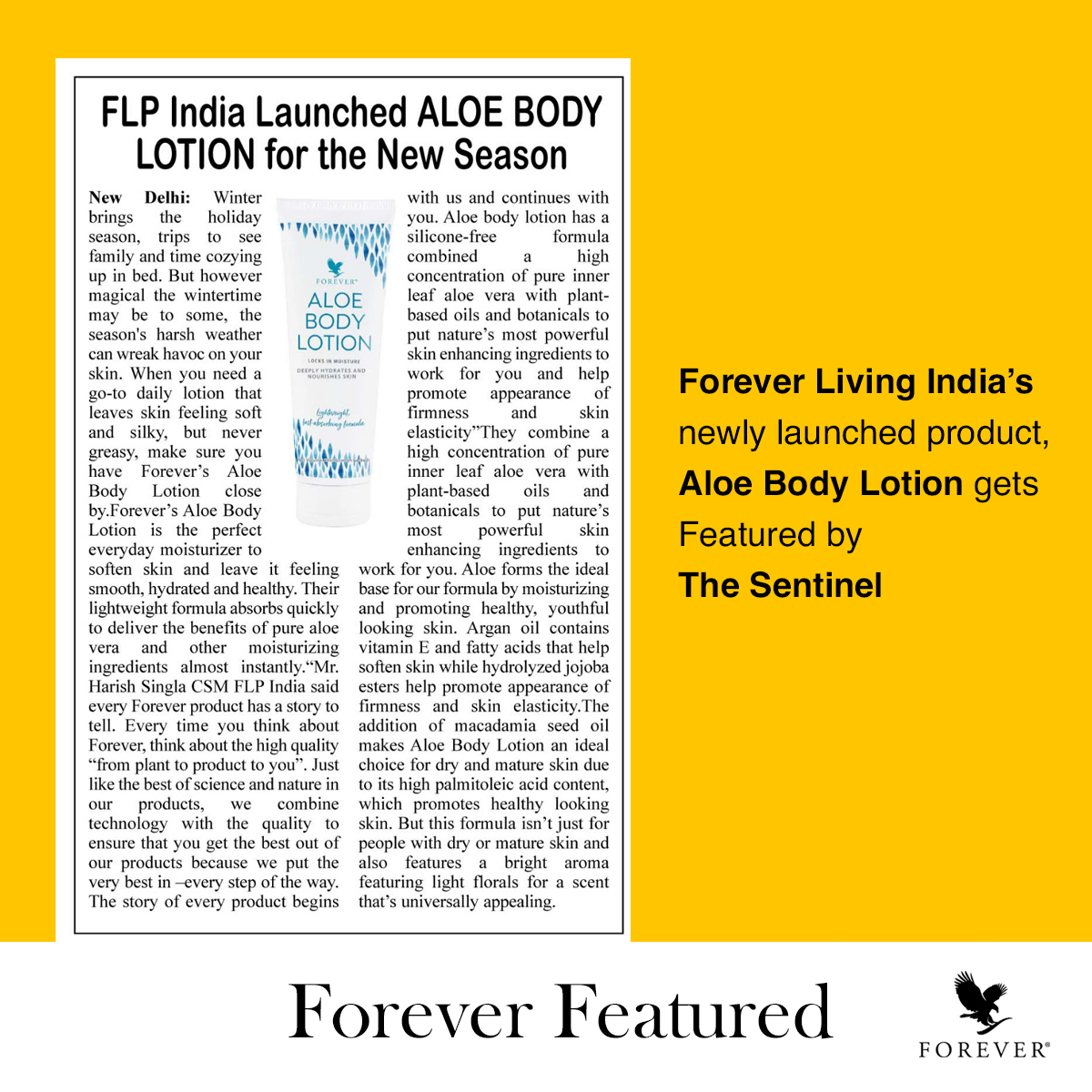 flpindia's tweet photo. Forever Living India’s newly launched product, Aloe Body Lotion gets featured by The Sentinel & The Tribune
#foreverfeatured #flpindia https://t.co/GN3Vd60iyA