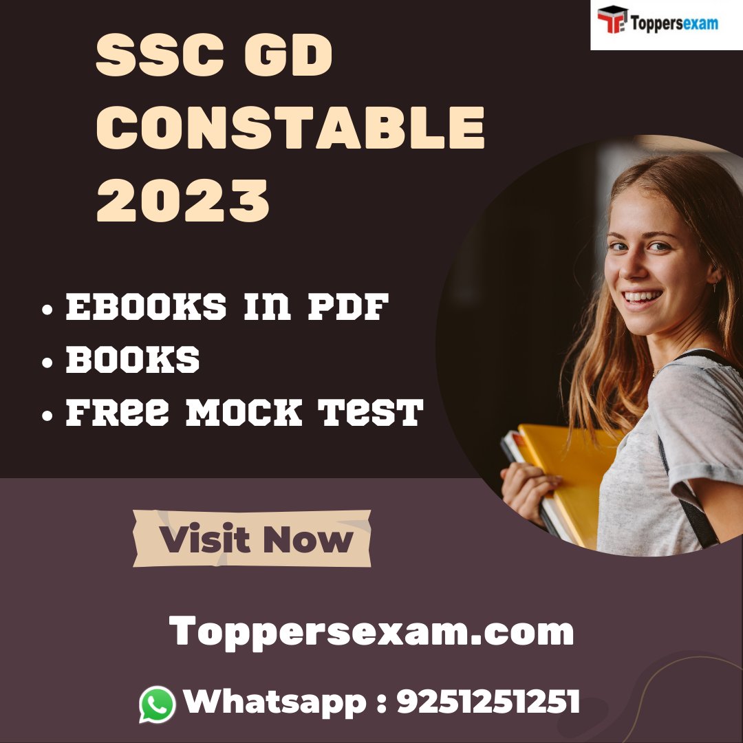 ToppersExam's tweet image. if you preparing for SSC GD CONSTABLE 2023 EXAM then Log in toppersexam.com .

Whatsapp : 9251251251
.
follow for More : @toppers_exam
.
#sscgdconstable #ssc #sscmocktest #constable #sscmcq