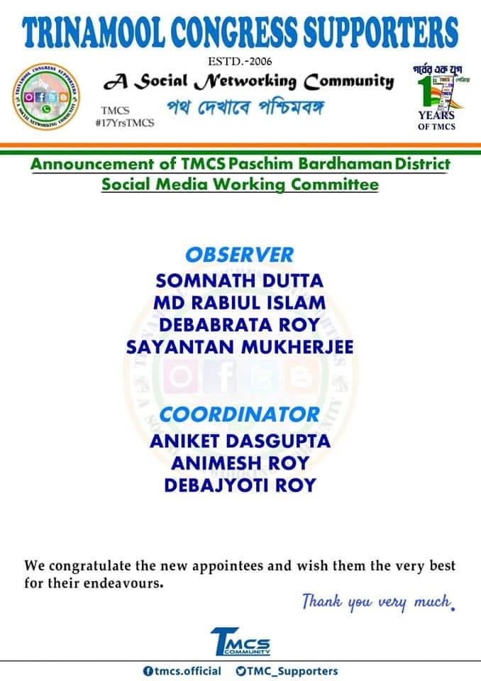 Debajyoti_Again's tweet photo. Many thanks to all Members of #TMCS. For trusting and believing in my work. I thank all the members of this family for appointing me as the Coordinator of the amended working committee of West Burdwan  District Trinamool Supporter's Community.
 #TMCS 
#PaschimBardhamanTMCS https://t.co/kUDeCcc7Jp