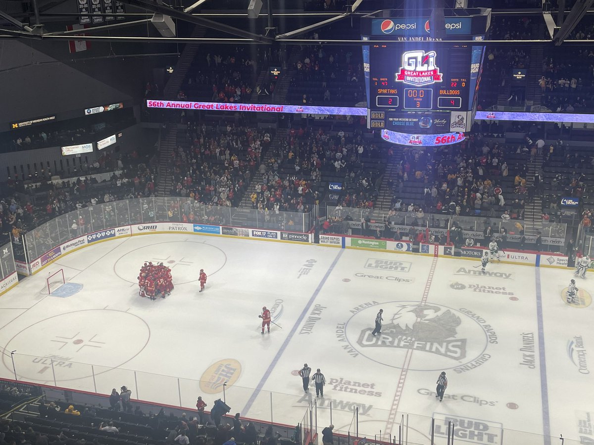 BULLDOG VICTORY! The Dawgs beat Michigan State 4-2 to advance to the championship game of the Great Lakes Invitational tomorrow night at 7 pm inside <a href="/VanAndelArena/">Van Andel Arena</a>