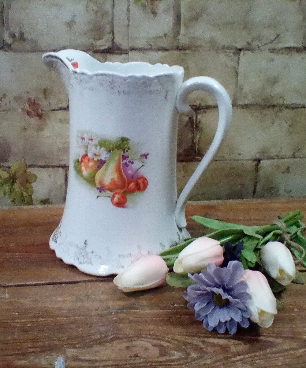 Vintage Porcelain Pitcher from Globe China, 7 1/2" Tall and 7 1/2" From Handle to Spout, Milk Pitc... etsy.com/listing/132203…