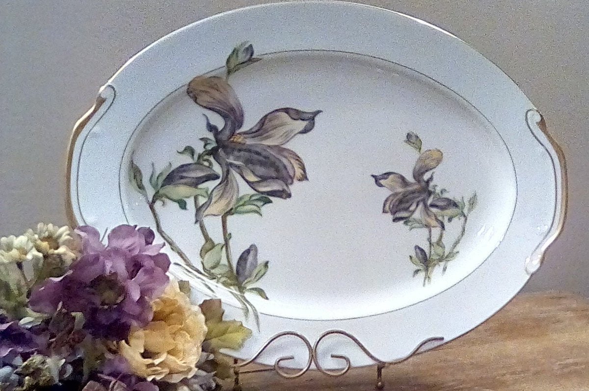 Vintage Platter by Harmony House Fine China, 16 1/4" X 12", White Platter with Black Irises Green... etsy.com/listing/132147…
