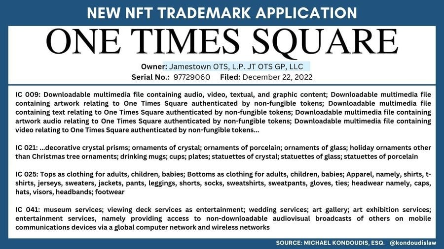 blocksolfi's tweet photo. The company that owns #OneTimesSquare has filed NFT-related trademark applications. Coverage includes: #NFT certified media, apparel, and wedding services.
#NFTs https://t.co/PVyAp0qSF4