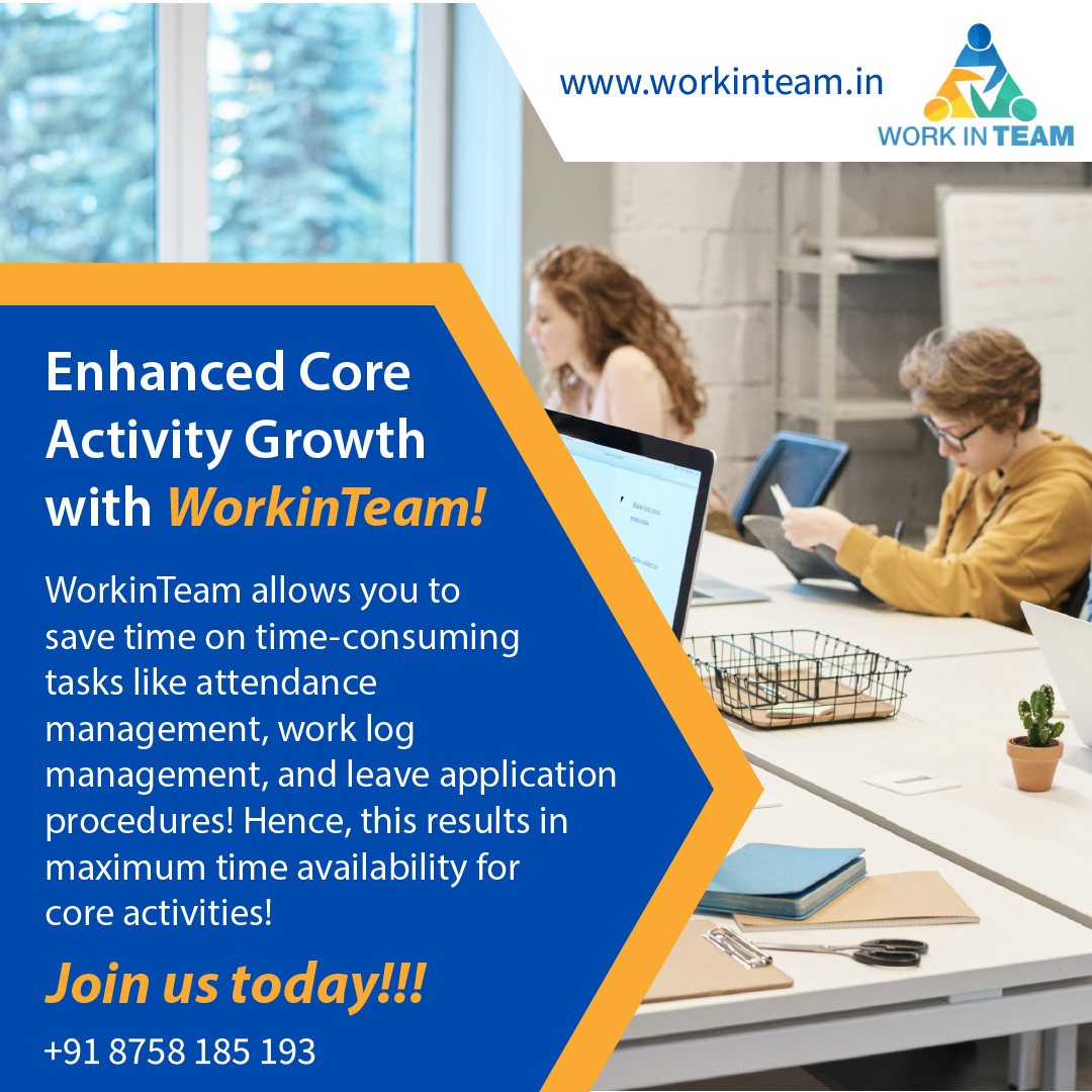 Workinteamindia's tweet photo. Build a positive work climate by decluttering secondary works with WorkinTeam! Connect to WorkinTeam and start building your employee-friendly workspace!

Sign up today at
https://t.co/WDXPjTVY1v 

#business #management #software #help #consulting #PMS #charteredaccountant https://t.co/a1FahZoq4l