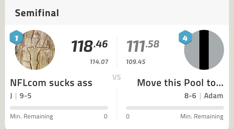 MarcusOlds's tweet photo. @NFLFantasy Commissioner changed the playoff format after 9 years of using reseed after the first round. I also was 1-6 and went 7-1 after to even get to the semi finals. Is this bracket format used by anyone else !?!?! https://t.co/QqHuiTMASQ