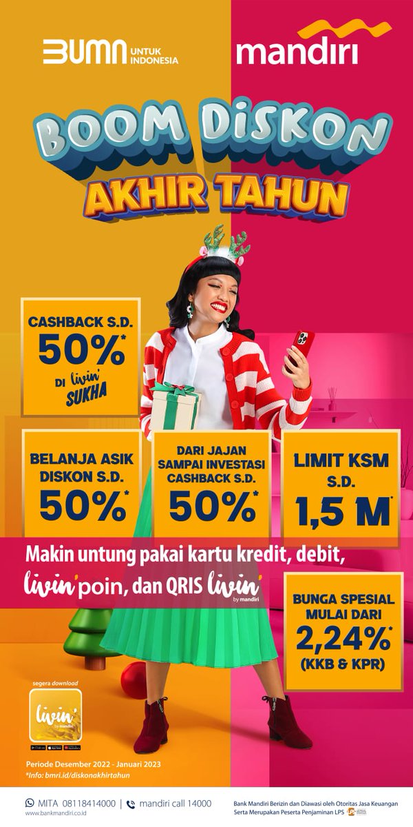Sentana00's tweet image. Gila banget diskon akhir tahun dari Bank Mandiri, untungnya besar banget
#BoomDiskonAkhirTahun