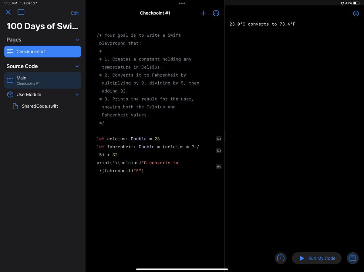andrewylee's tweet photo. 🎉 Day 3 of #100DaysOfSwiftUI in the books. Dictionaries, Sets, and Enums oh my 😜! Managed to complete checkpoint 1 as well re: temperature conversion 🌡️ https://t.co/lfq7RPZr8J