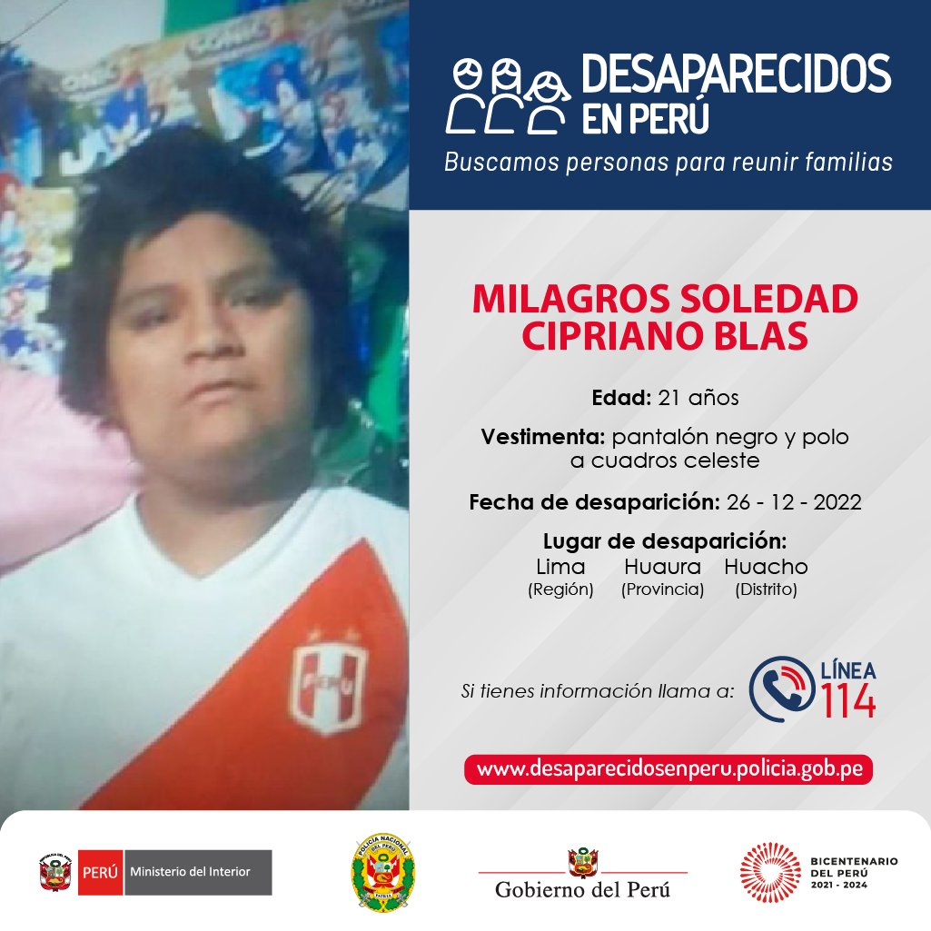 📢 #DesaparecidosEnPerú | Tu colaboración puede ser determinante para ubicar a Milagros Cipriano Blas, de 21 años.
➡️ Tiene discapacidad auditiva.
📞 Llama a la Línea 114 de la <a href="/PoliciaPeru/">Policía Nacional del Perú</a> si tienes información sobre su paradero.
🔁 Ayuda compartiendo esta nota de alerta.