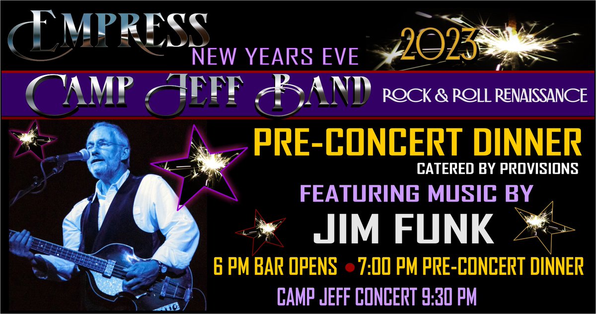 empress_vallejo's tweet photo. NYE will be unforgettable with The Camp Jeff Band!
JEFF TAMELIER of TOWER OF POWER
JEFF CAMPITELLI of JDE SATRIANI
TAL MORRIS of CREDENCE CLEARWATER REVISITED
DARBY GOULD of JEFFERSON STARSHIP
HARDY HEMPHILL of SHANIA TWAIN
DAVID SIKES of BOSTON
and a Performance by Jim Funk! https://t.co/eUlRu8yixx