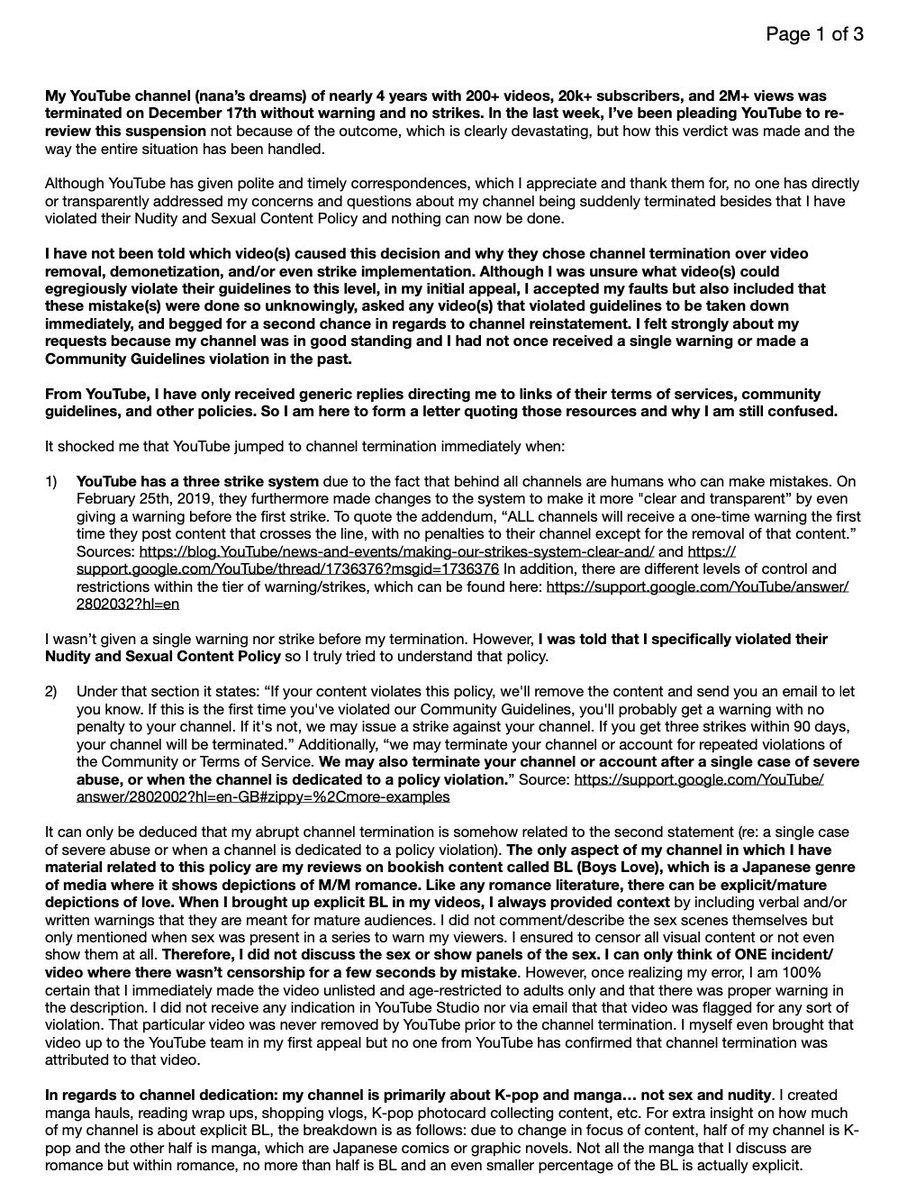 xingsings's tweet photo. Can I get more transparency on my YouTube channel termination case? I still strongly believe that there’s been a mistake or misunderstanding. I have been pleading for a re-review; attached is an detailed appeal with citations. @TeamYouTube Tysm!

https://t.co/FHWtcCmttD https://t.co/WyyQ8SZXAf