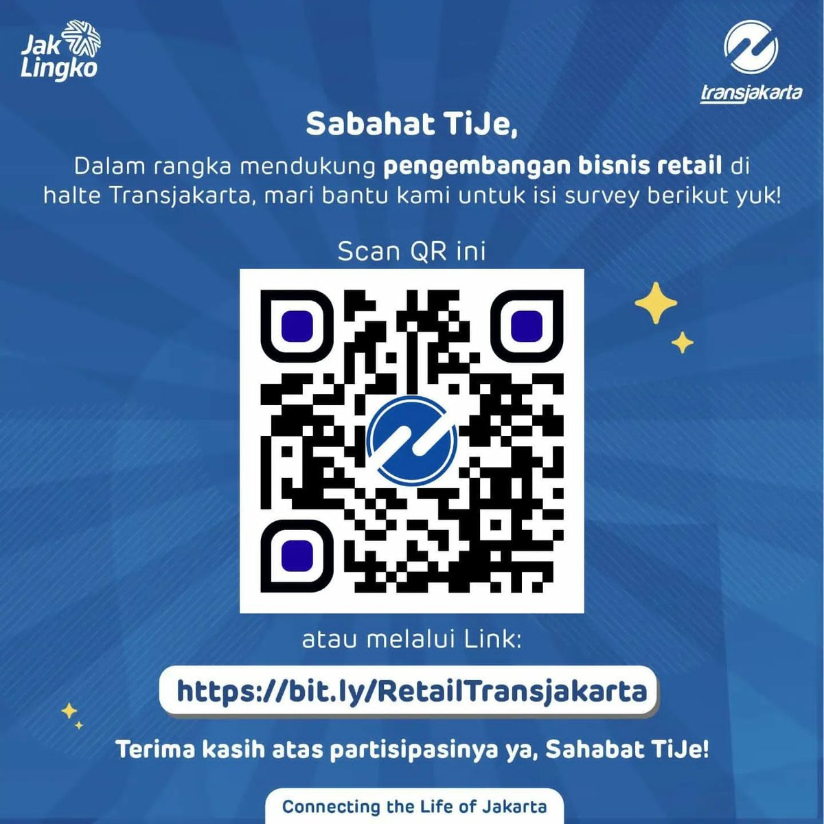 PT_Transjakarta's tweet photo. Sahabat TiJe, yuk bantu Transjakarta untuk meningkatkan kualitas layanan dengan mengisi survey pada link https://t.co/n9DGpofqtD atau dengan melakukan scan barcode pada postingan ini.
Polling akan dilaksanakan hingga tanggal 1 Januari 2023. Terima kasih atas partisipasinya ya! https://t.co/Y3CKF3EMdX