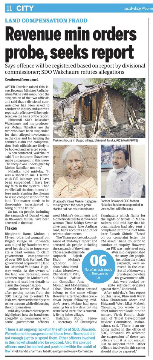 DiwakarSharmaa's tweet photo. #IMPACT: Two top revenue officials including #Bhiwandi Sub-Divisional Officer and his predecessor have been suspended after @mid_day report created shor in #House. #WinterSession #NagpurAssemblySession #Nagpur

#Impersonation #Tribal #MumbaiVadodaraHighway #CompensationForLand https://t.co/jDvc8MnH5W