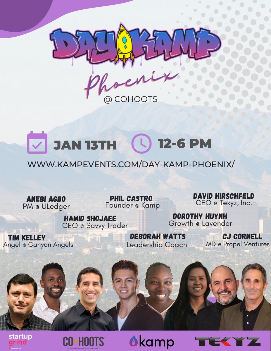 🍻Got your venture in mind for your New Year's Resolutions? Join us at CO+HOOTS Jan 13th ft. Canyon Angels, ULedger, Savvy Trader, Propel Ventures, Tekyz and so much more! Use "grind" for a discount.🍻

kampevents.com/day-kamp-phoen…