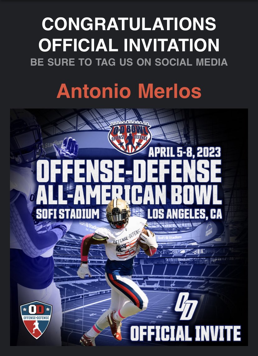 Extremely grateful to receive and invite to the O-D All-American Bowl!
<a href="/ODFootballCamps/">Offense-Defense Football</a> <a href="/SFGoldenKnights/">St. Francis Football</a> <a href="/dherr11/">Dean Herrington</a>