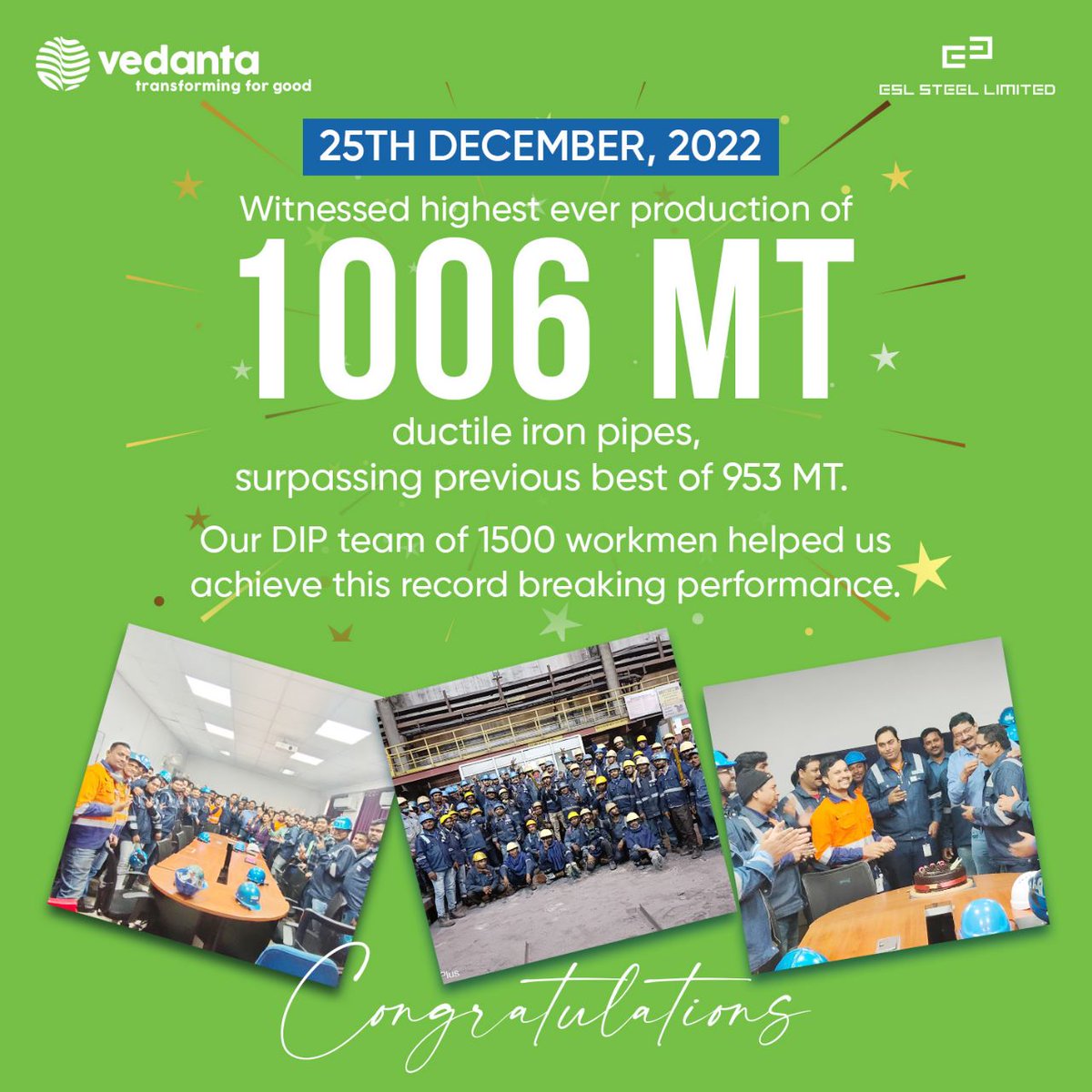 ESLSteelLimited's tweet photo. #WeAtESL believes in maintaining the highest performance standards, which results in excellent customer delight! 

Our Leadership team extended their gratitude by celebrating this tremendous achievement with our DIP team.

#ESLCares #TransformingForGood #HighestEver https://t.co/TQ0Yyj9jDD