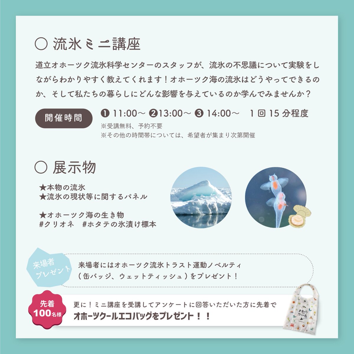 okhotskool's tweet photo. ／
#真冬の流氷ミニ講座 開催❄️
＼
🕑2023年1月15日(日)10:30～15:00
📍イオン紋別店１階催事スペース

#流氷 について学べるミニイベントを開催！
本物の流氷やクリオネ、ホタテ貝の氷漬け標本なども展示します✨
ぜひご家族でお立ち寄りください🤗🌟

#オホーツクール
#オホーツクTwitter会 https://t.co/CumYdmf4Fg