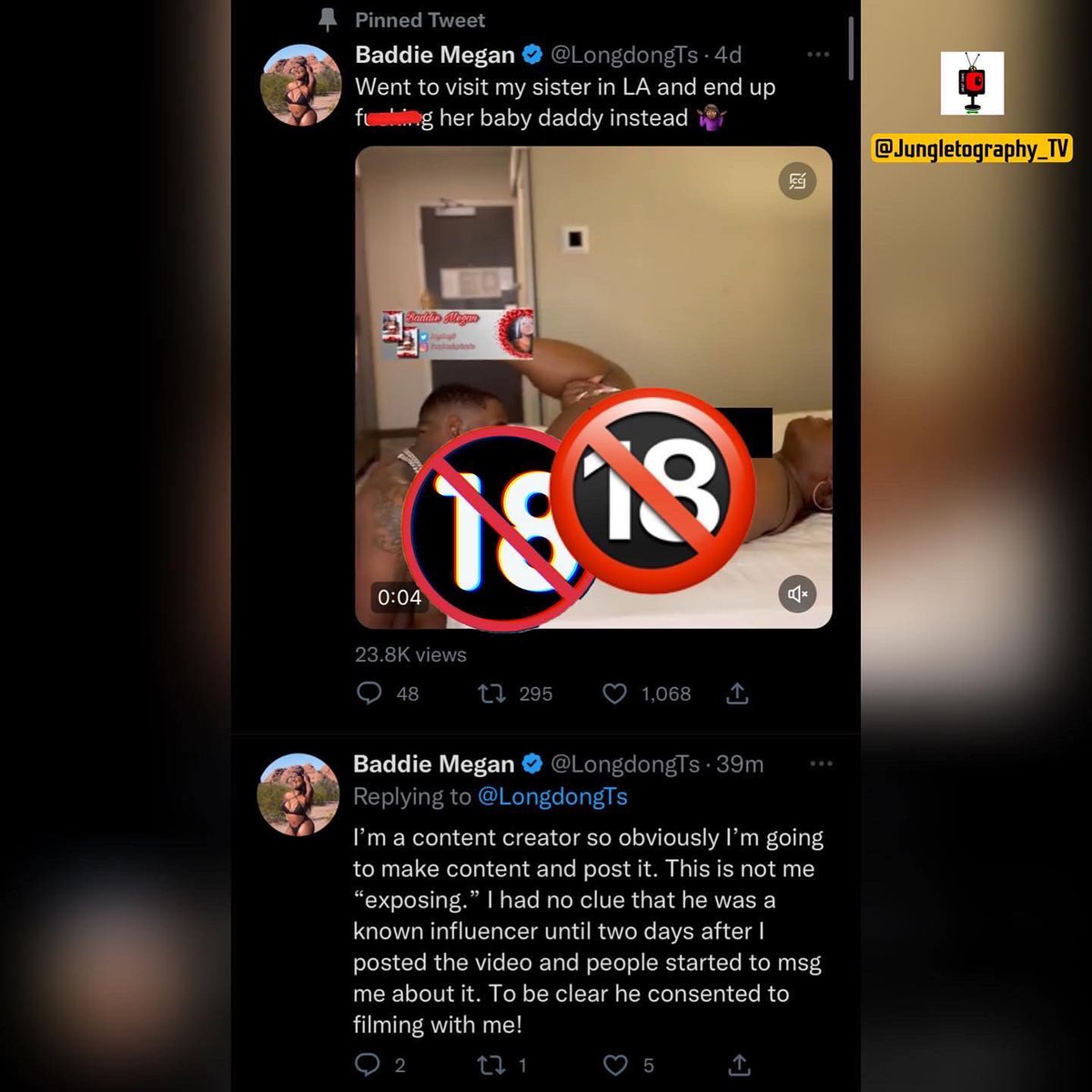 Jungletography's tweet photo. 🚨UPDATE: Trans #OnlyFans influencer #BaddieMegan (@LongDongTs) took to Twitter to clarify some things after she received backlash for allegedly “exposing” L.A. comedian #WattsUpMickey in her latest s*xtape. 👀

“To be clear he consented to filming with me!” 🎥

Thoughts? 🤔 https://t.co/akxanuCAVj