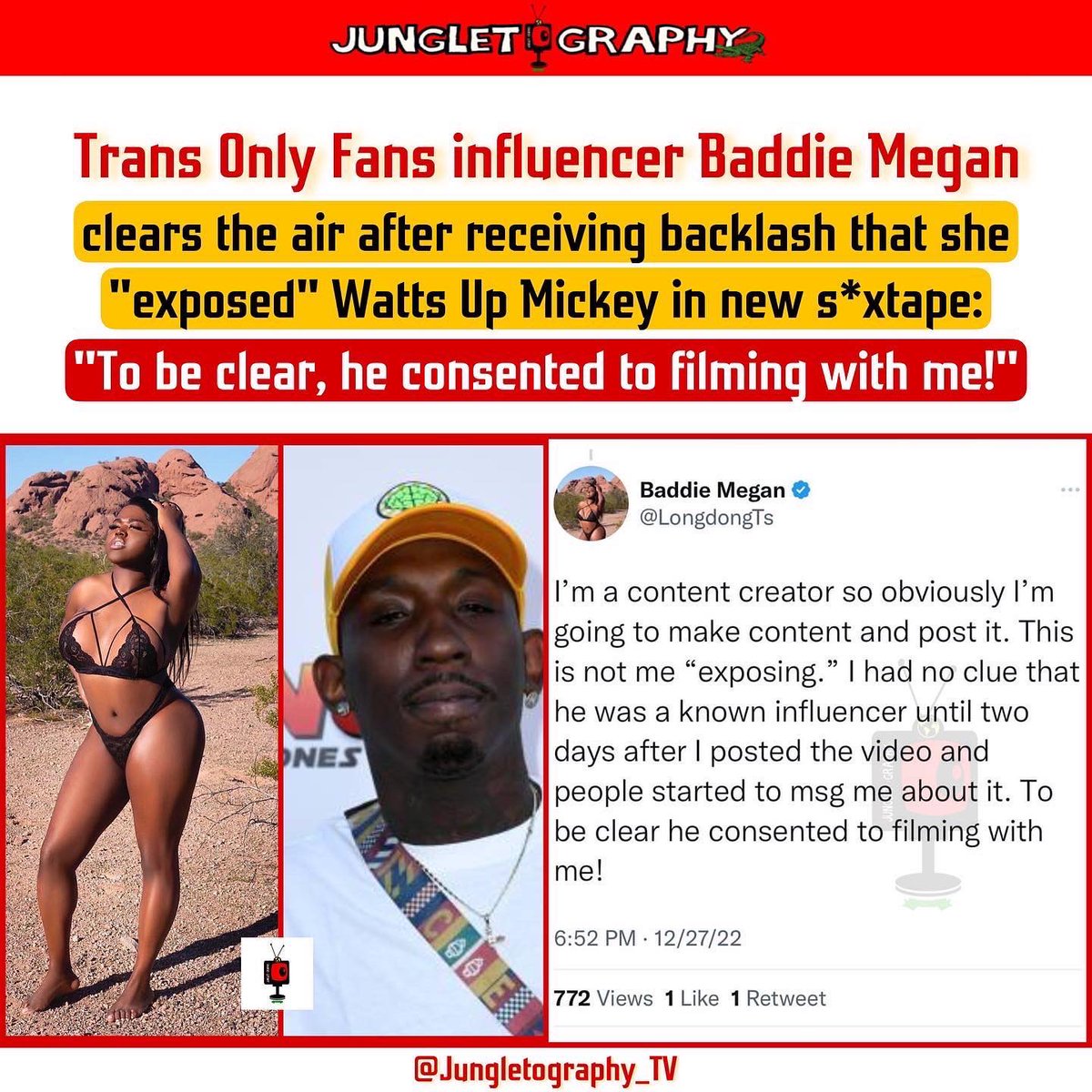 Jungletography's tweet photo. 🚨UPDATE: Trans #OnlyFans influencer #BaddieMegan (@LongDongTs) took to Twitter to clarify some things after she received backlash for allegedly “exposing” L.A. comedian #WattsUpMickey in her latest s*xtape. 👀

“To be clear he consented to filming with me!” 🎥

Thoughts? 🤔 https://t.co/akxanuCAVj
