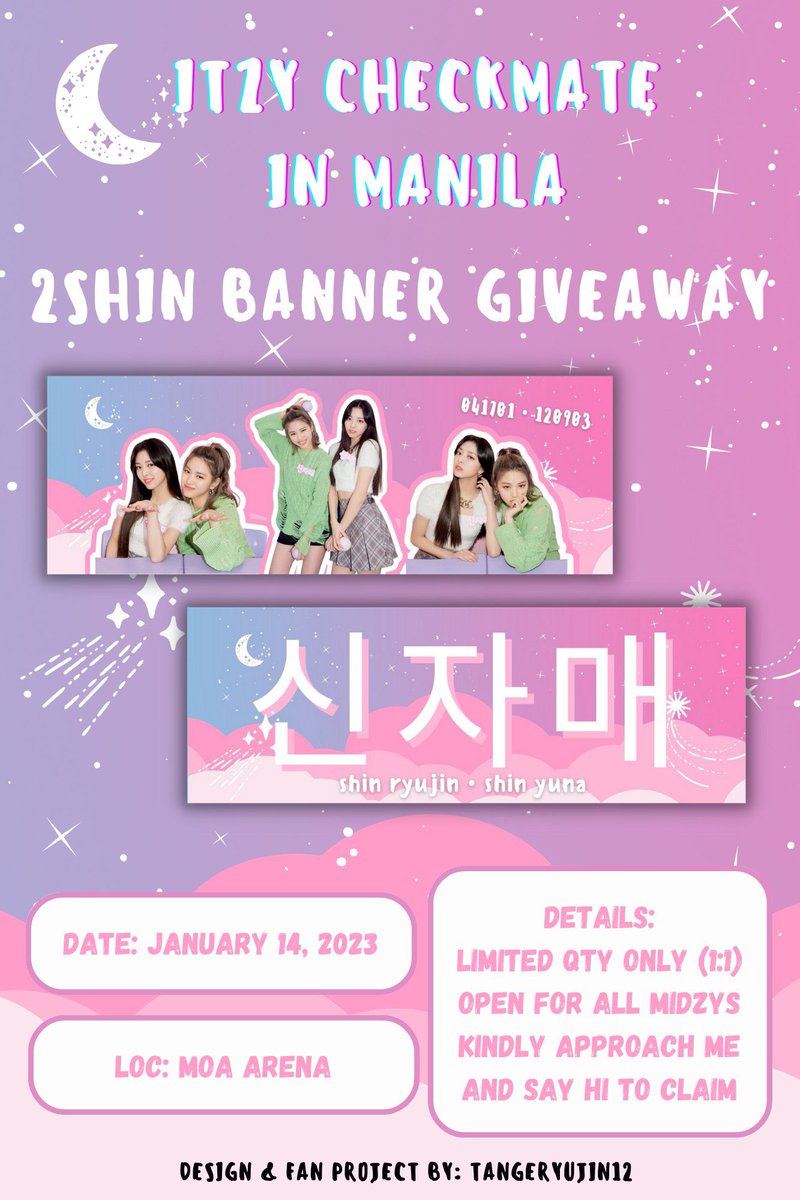 tangeryujin12's tweet photo. [🐱ITZY RYUJIN &amp; YUNA FAN PROJECT🐰]

Hello, midzys! I’ll be giving away 2shin hand banners on January 14 only (no exact time)

• Limited qty (1:1)
• RT &amp; Like are highly appreciated 

See you midzys! 🫶 

#ITZYinManila #ITZY_CHECKMATE_MANILA https://t.co/XT5x43HMIP