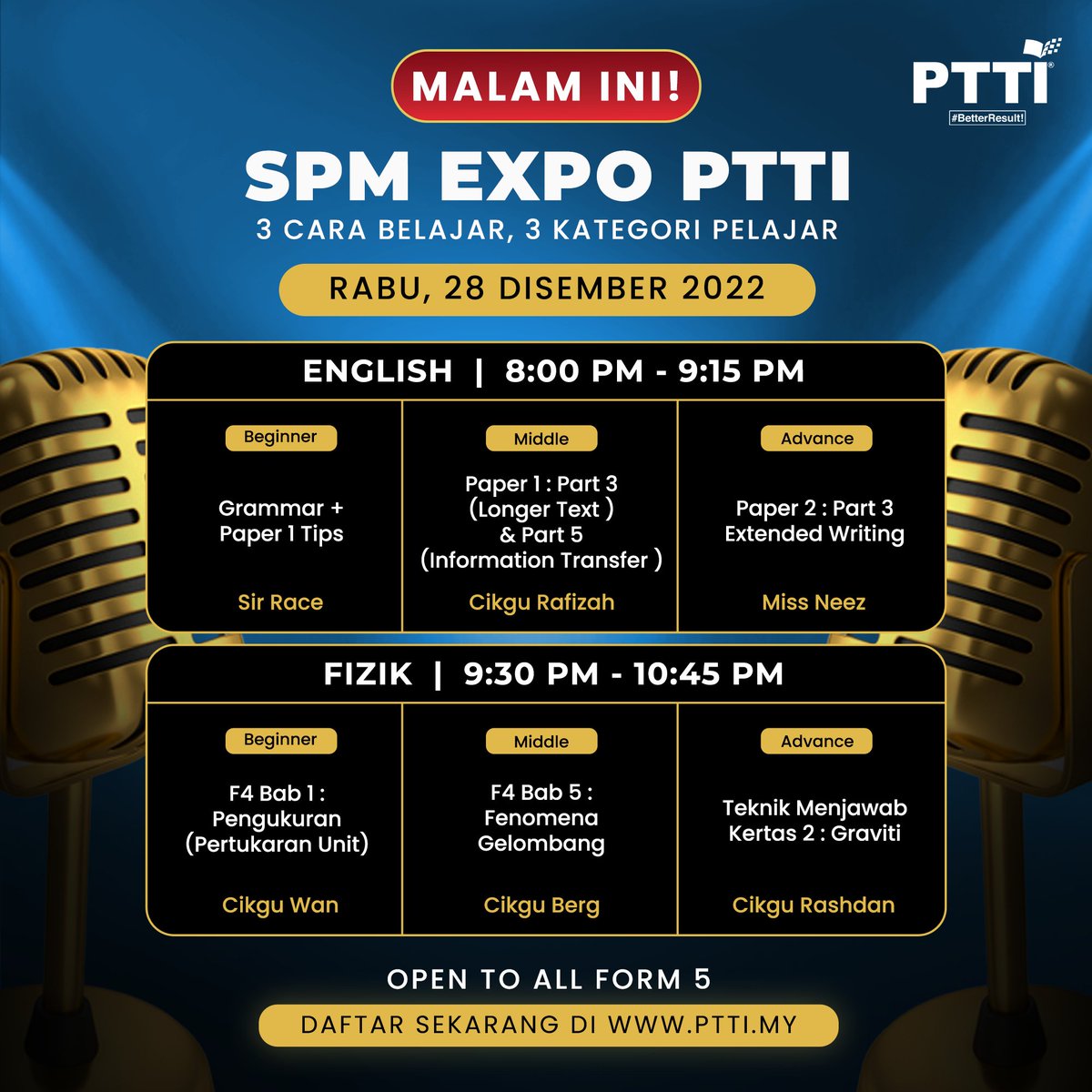 PTTIOfficial's tweet photo. SPM EXPO PTTI | MALAM INI

Hari kedua untuk SPM Expo PTTI, khas untuk pelajar SPM yang nak SPM tak lama lagi. 

Pilih kelas yang sesuai dengan cara korang belajar. Jangan lupa malam ini subjek English &amp; Fizik

Tekan link dibawah untuk mendaftar:
https://t.co/nNRFfSRQTS https://t.co/LpWdptPnbv