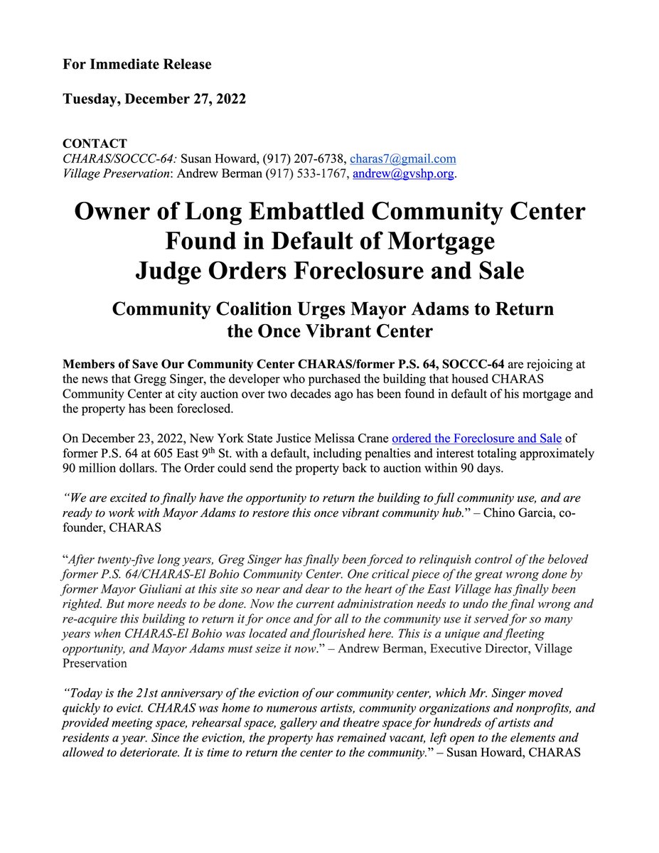 MoRUSNYC's tweet photo. Update from Save Our Community Center CHARAS/former P.S. 64 #SOCCC64:
Gregg Singer, the developer who purchased the building that housed #CHARAS / #ElBohio at city auction over two decades ago has been found in default of his mortgage and the property has been foreclosed... https://t.co/Z3dCtRXA61