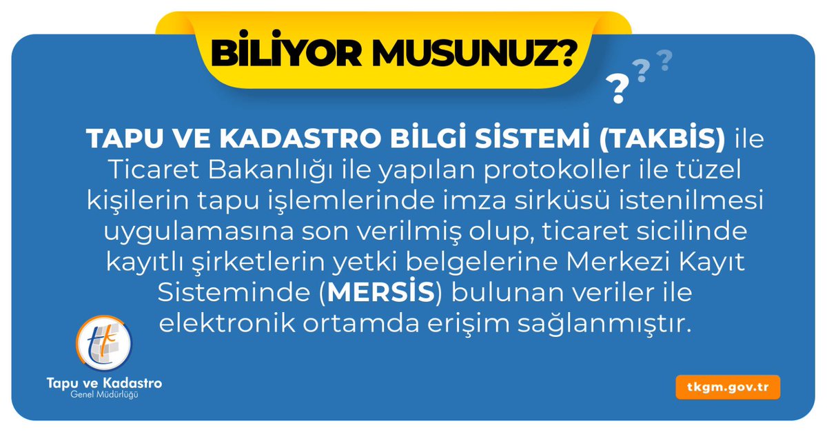 tkgmgovtr's tweet photo. #tkgm #tapuvekadastro #tapu #biliyormusunuz #takbis #ticaretbakanlığı #protokol #tüzelkişi #tapuişlemi #imzasirküsü #ticaretsicili #yetkibelgesi #merkezikayıtsistemi #mernis #veri https://t.co/IlU5AS1DC6