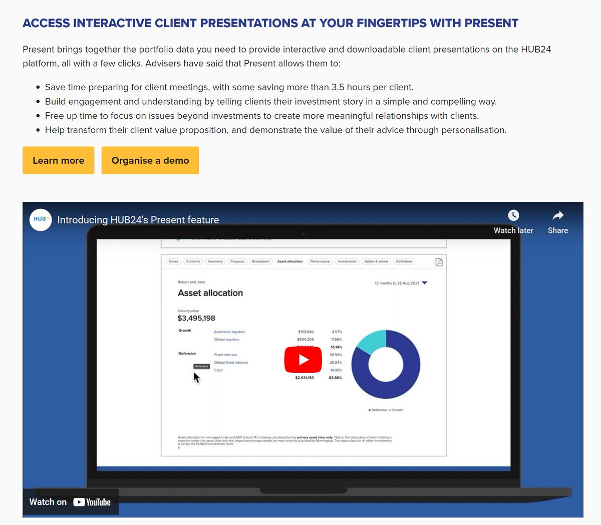 Did you hear? Earlier this year, we introduced Present - a feature that brings together the portfolio data needed to provide interactive client presentations with a few clicks. 

Learn how Present saves advisers ~3.5 hours per client review: bit.ly/3jgxVGT