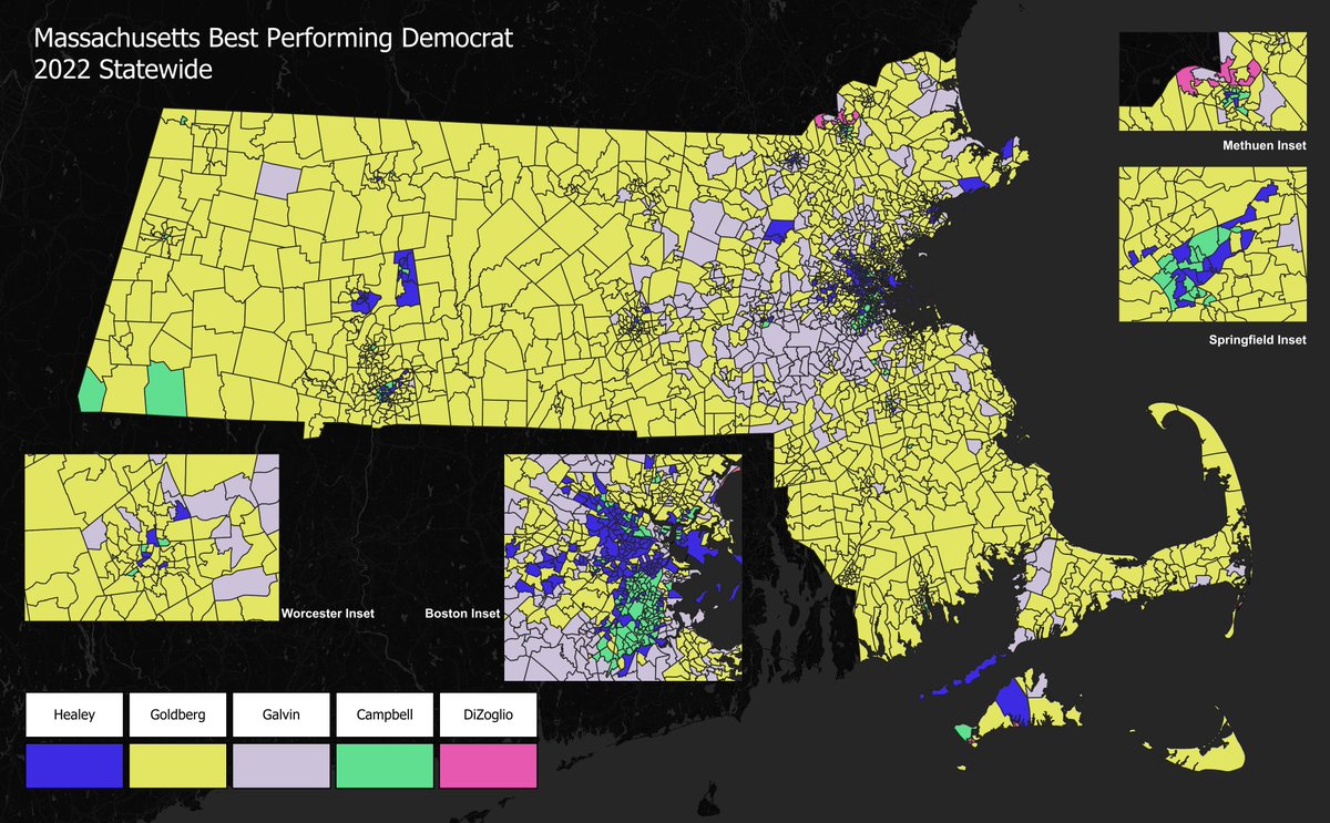 JNicholsWorley's tweet photo. In the process of compiling the full results, but in the meantime here's the best performing (statewide) Democratic candidate by precinct for 2022. #mapoli https://t.co/Gk0QXj8t6w
