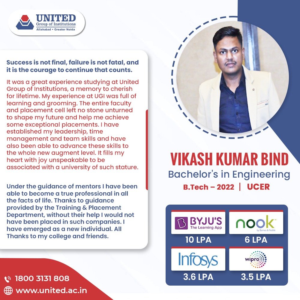 theugiindia's tweet photo. Our dedication is to deliver #qualityeducation to create smart & talented minds. Our #student of #BTech from the #UCER campus, Vikash Kumar Bind is one such name in the list. He got #job #opportunities namely @BYJUS, #nook, @Infosys & @Wipro.
Visit #ugi: https://t.co/iQ2HrXnPGm https://t.co/iidW1Zch8a