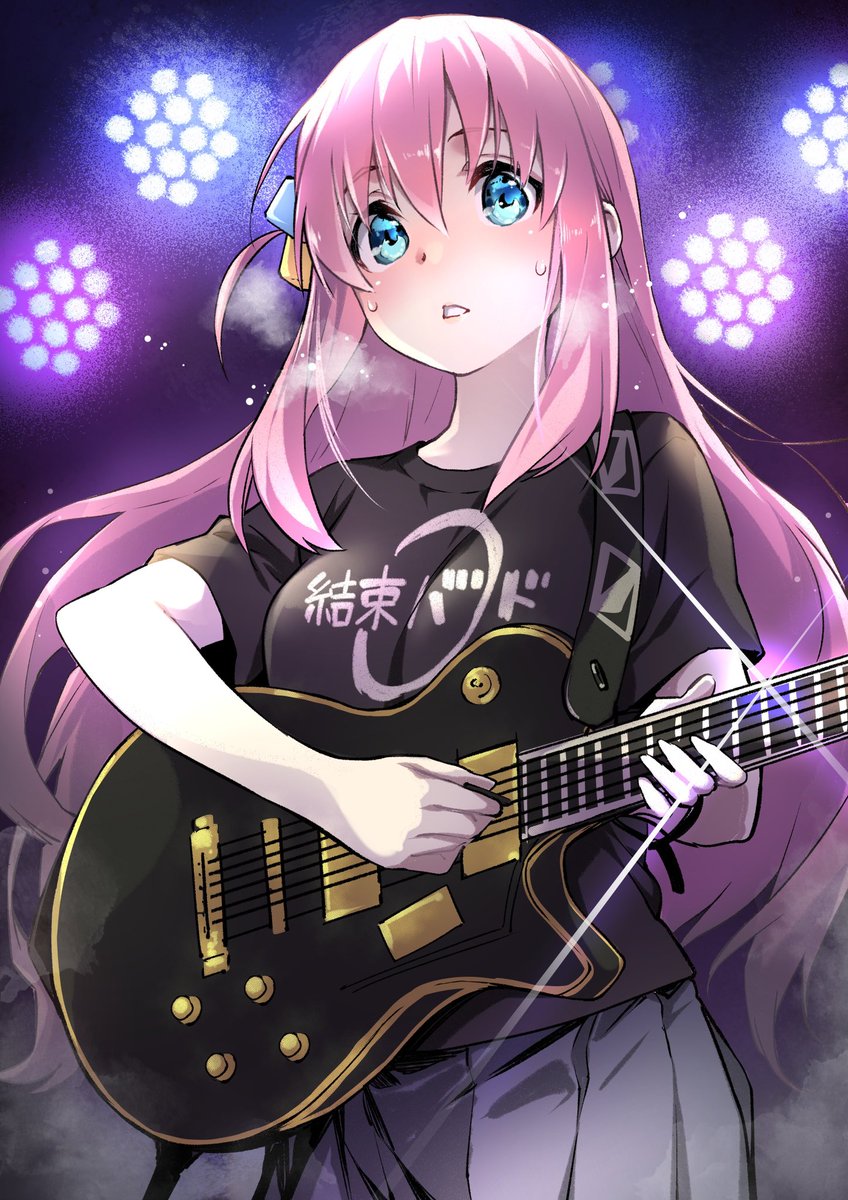 gotou hitori 1girl cube hair ornament shirt pink hair long hair electric guitar guitar  illustration images