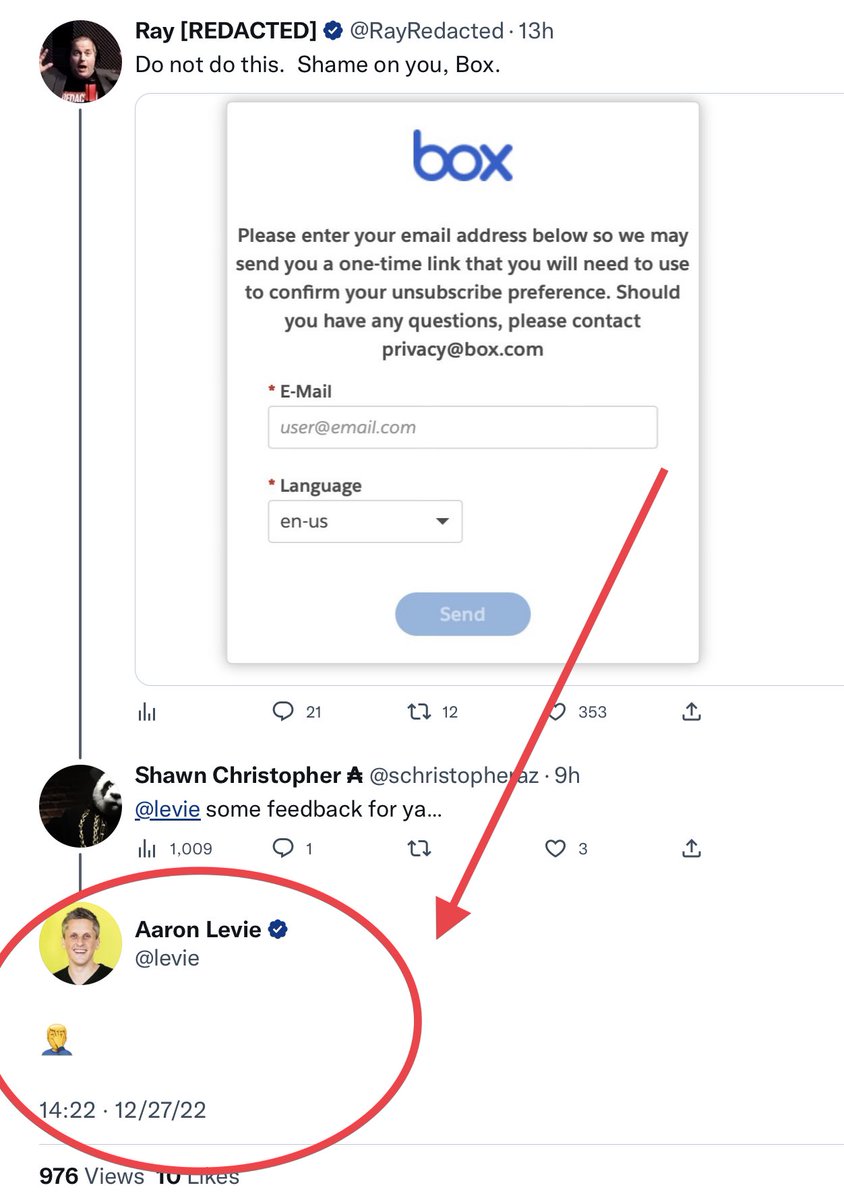 The CEO of Box replied a facepalm emoji when he is informed that an unsolicited sales cold call email form his domain includes an “unsubscribe” link that forces the victim to provide their email address in order to unsubscribe.