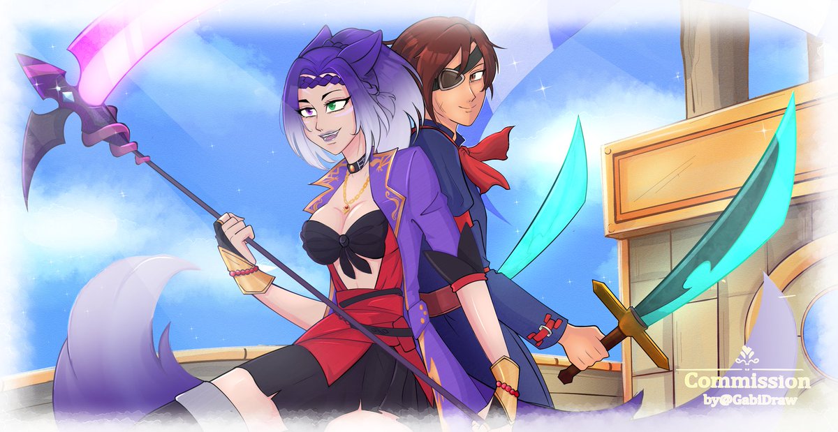 Moon_Kito's tweet photo. I'm a terrible person I forgot to upload this. Commission done by @27kiane They're a GD Cinnamon Roll. My OC Moon with Vyse. #FFXIVOC #Vyse #SkyPirates #ILoveIt #ILoveGabi https://t.co/47T6UOegoG