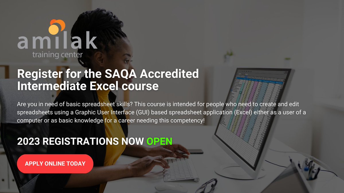 amilaktraining's tweet image. Register for the SAQA Accredited 𝗜𝗡𝗧𝗘𝗥𝗠𝗘𝗗𝗜𝗔𝗧𝗘 𝗘𝗫𝗖𝗘𝗟 course. Are you in need of basic spreadsheet skills? This course is intended for people who need to create and edit spreadsheets. Go to bit.ly/3VlojZG and apply online now!#Training #intermediateexcel