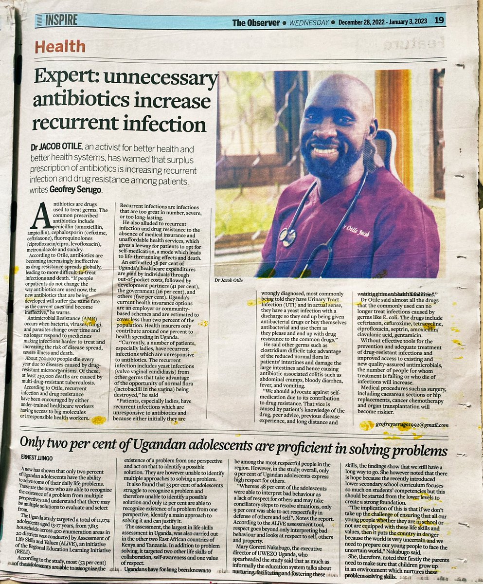 DrOtileUg's tweet photo. In today’s @observer, The Boy From Apac has something to tell you about Antibiotics with a smile 😊#AntimicrobialResistance https://t.co/WsF1ncEqF3
