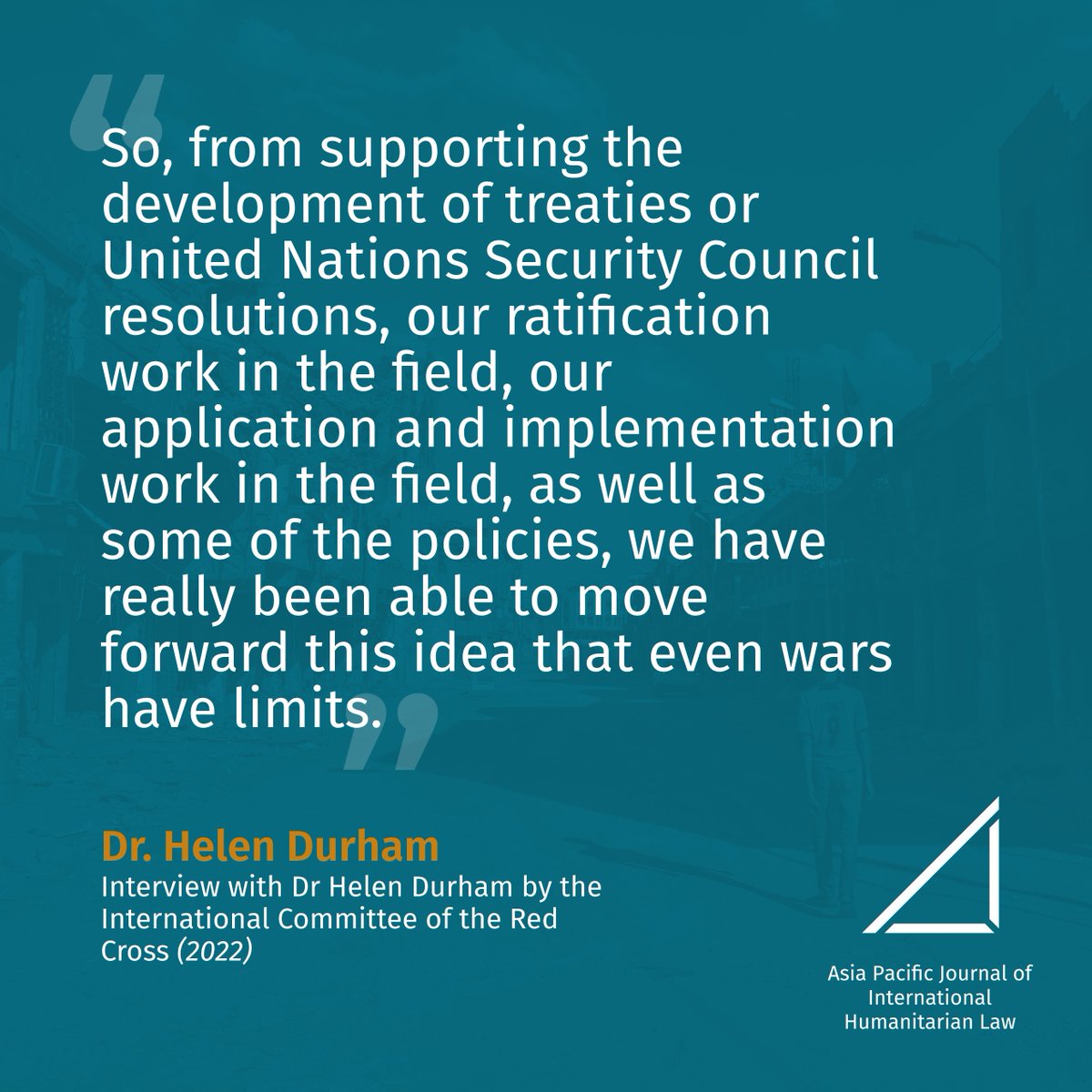 apjihl's tweet photo. Dr. Helen Durham reflects on her eight years as ICRC's Director of International Law and Policy and the road ahead for IHL in the Asia-Pacific region.

🌐 https://t.co/A91lrR6Mja

@uplc_iils 
@ICRC

#APJIHL #UP #ICRC #IHL https://t.co/gfrF5xUm4T