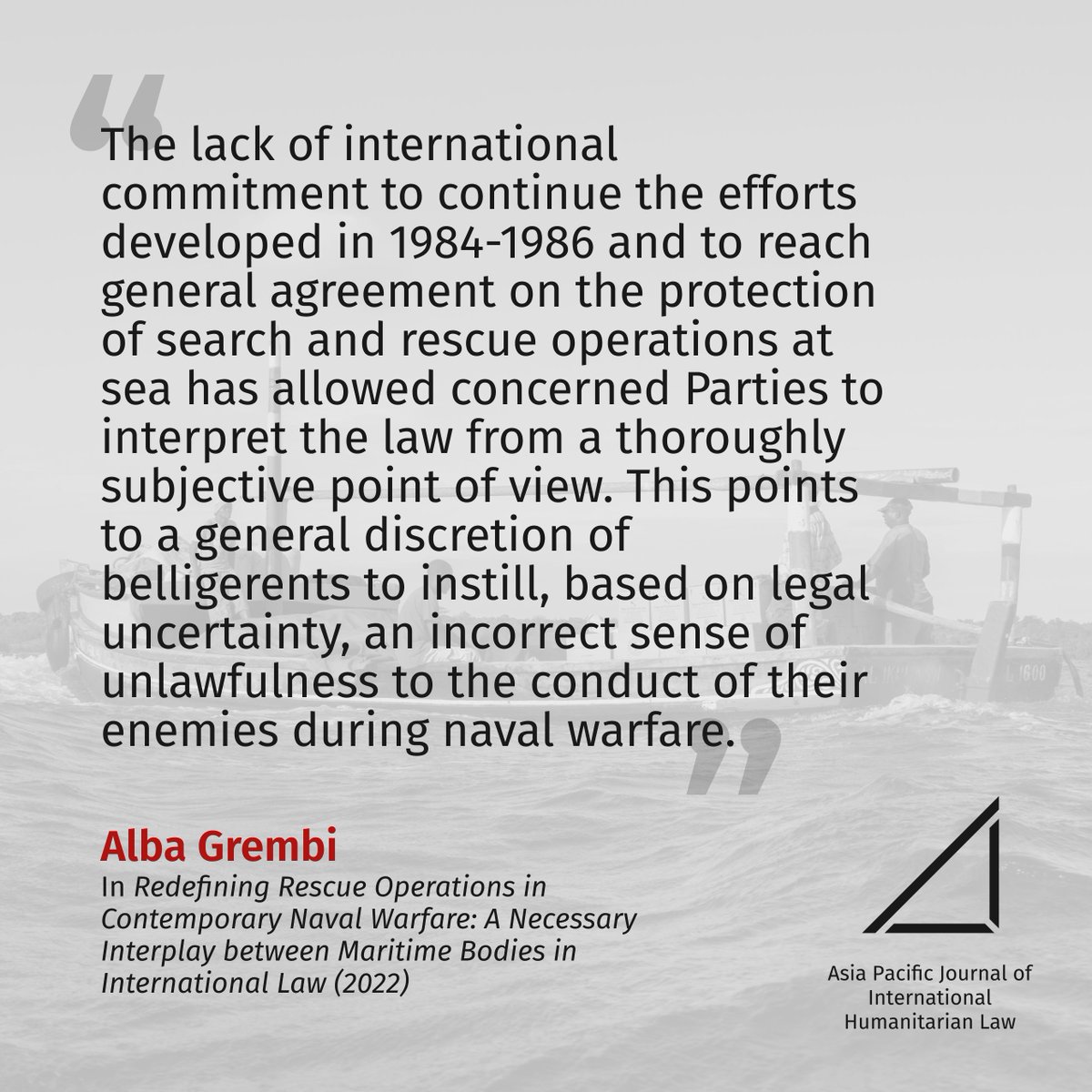 apjihl's tweet photo. Alba Grembi highlights the necessity of belligerent abidance to IHL and the role of maritime law norms in implementing rescue services in times of naval warfare.

🌐 https://t.co/A91lrR6etC

@uplc_iils 
@ICRC 

#APJIHL #UP #ICRC #IHL https://t.co/dS5uiIXtF3