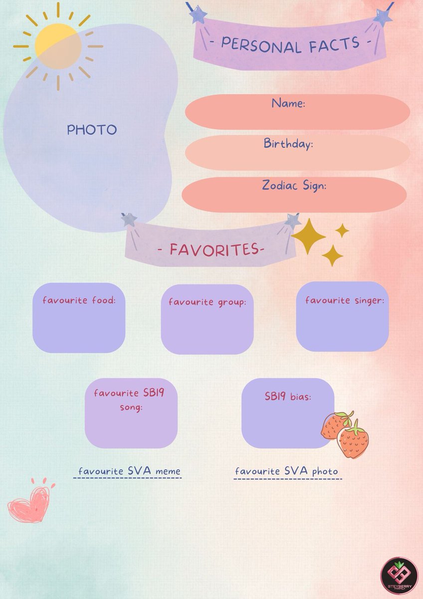 Steyberry's tweet photo. Hi berries! Tara slam-book tayo habang marami pang free-time. 

Fill-out these and put an appreciation post for #STELL sa caption. You can qrt, reply and tweet this as long as you tag us para makita rin namin. 

Sali na kayooo, cutie lahat sumali.🤭

Reference below:

#SB19_STELL https://t.co/CqLI9nJUW7