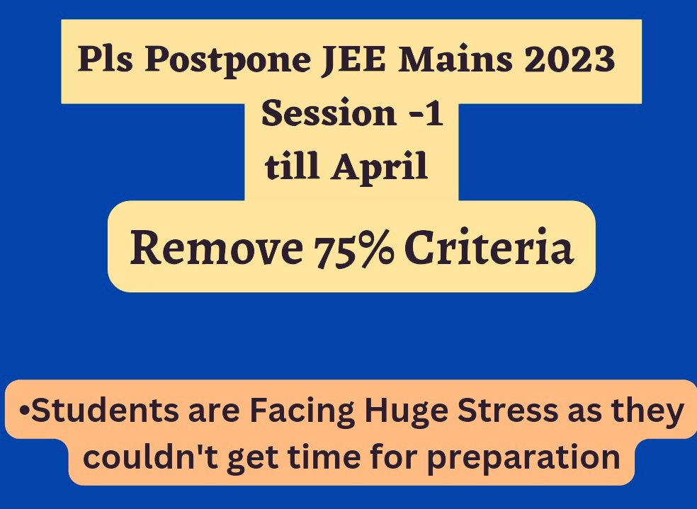 Er_Pragyan_01's tweet image. #JEEAfterBoards
Requesting the Concerned Authorities to pls Postpone #JEEMains2023 First Session till April. 
And to Remove the 75% Criteria.
