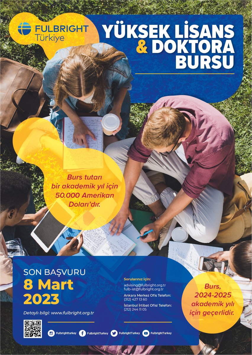 fulbrighturkiye's tweet photo. Yüksek Lisans ve Doktora Burs Programlarımız  başvurulara açılmıştır.
Son başvuru tarihi 8 Mart 2023'tür.
Burs programlarımızla ilgili detaylı bilgi, başvuru koşulları ve başvuru belgelerine ulaşmak için web sitemizi ziyaret edebilirsiniz: https://t.co/SP8k4LYRoa https://t.co/Yskko5m2hu