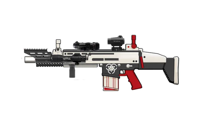 銃の写真にアタッチメントの写真適当に切り貼りしてゴテゴテ外装カスタム考えるの楽しいゾ3枚目はヨシミSCAR 