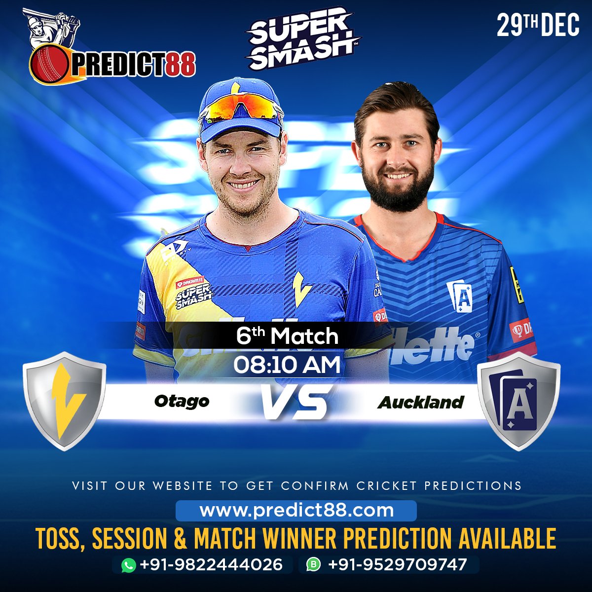 Predict88cricke's tweet photo. Super Smash 2022-23
6th Match
Otago Volts vs Auckland Aces
For More Details Contact On WhatsApp.
#supersmash2022-23 #cricketprediction #matchprediction #matchreport #matchwinnerprediction #matchwinnerreport #tossreport #sessionreport https://t.co/VjyVWXXKTO