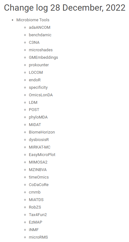 The latest update to the "Tools for #Microbiome Analysis" website. 
Total of 130 (!!!) R packages for microbiome data analytics 
Several other resources &amp; tutorials.  #MicrobiomeDataScience
Link below 👇
microsud.github.io/Tools-Microbio…