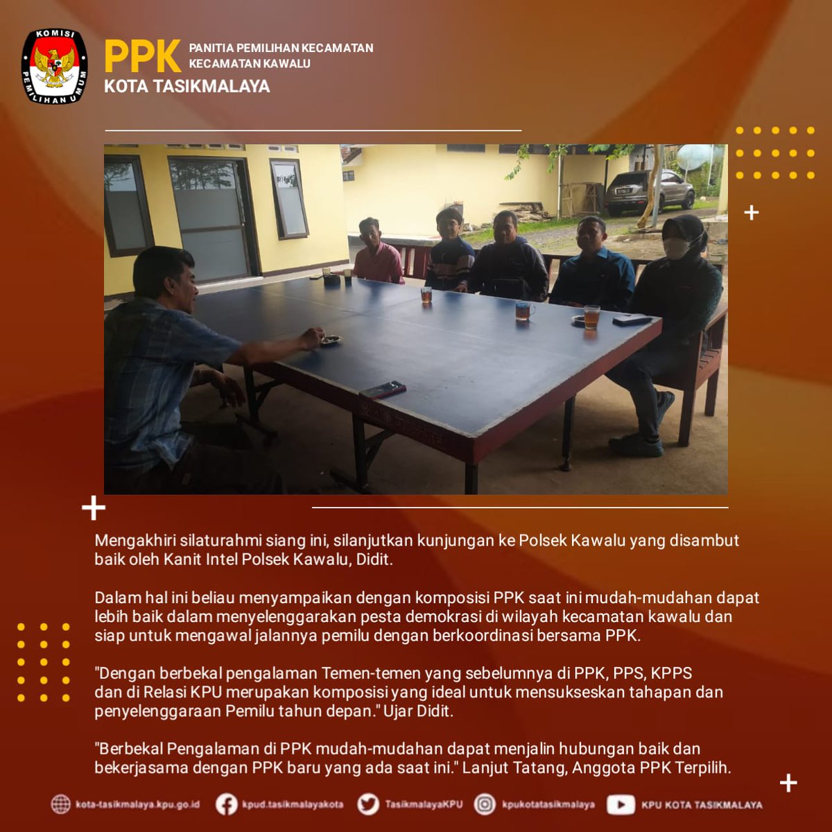 Giat Calon Terpilih PPK Kawalu 
Rabu, 28 Desember 2022
Silaturahim dengan Panwascam, Koramil dan Polsek
<a href="/TasikmalayaKpu/">KPU Kota Tasikmalaya</a>